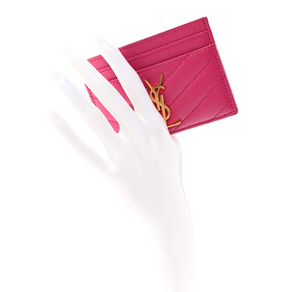 Saint Laurent Grain De Poudre Matelasse Chevron Monogram Credit Card Case Fresh Fuxia 2 of 11