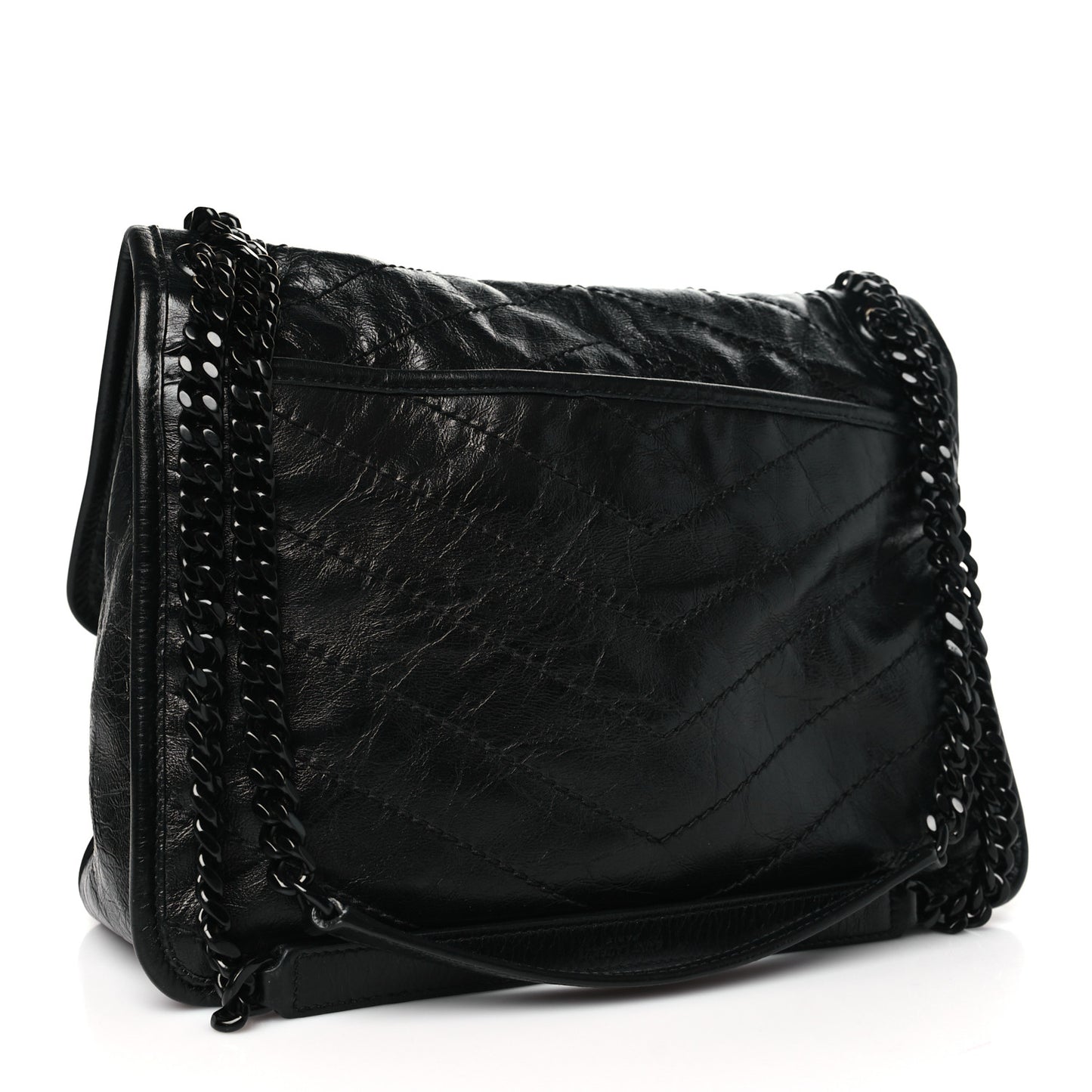 Crinkled Calfskin Matelasse Monogram Medium Niki Chain Satchel Black
