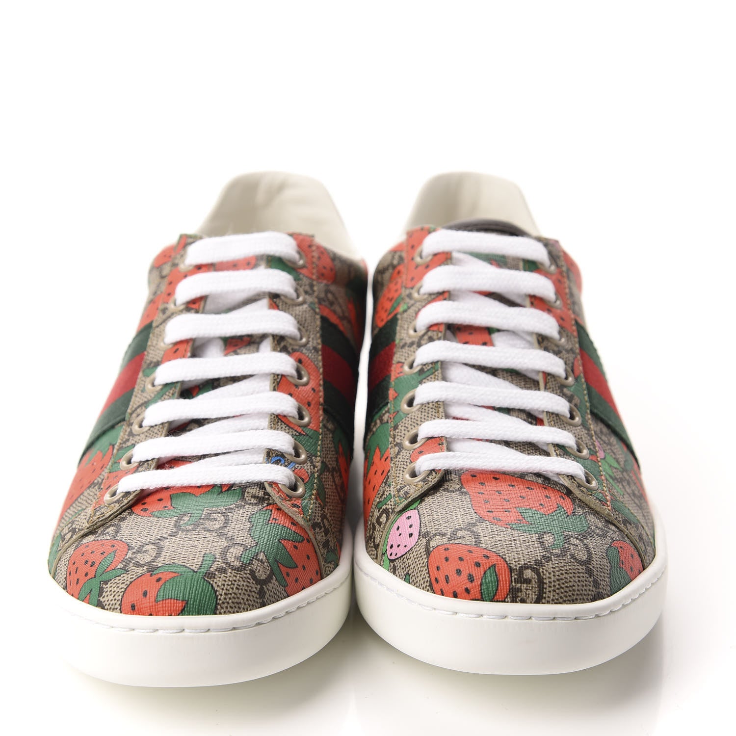 Gucci GG Supreme Monogram Strawberry Web Womens Ace Sneakers 37 Beige Multicolor Red Green 2 of 10