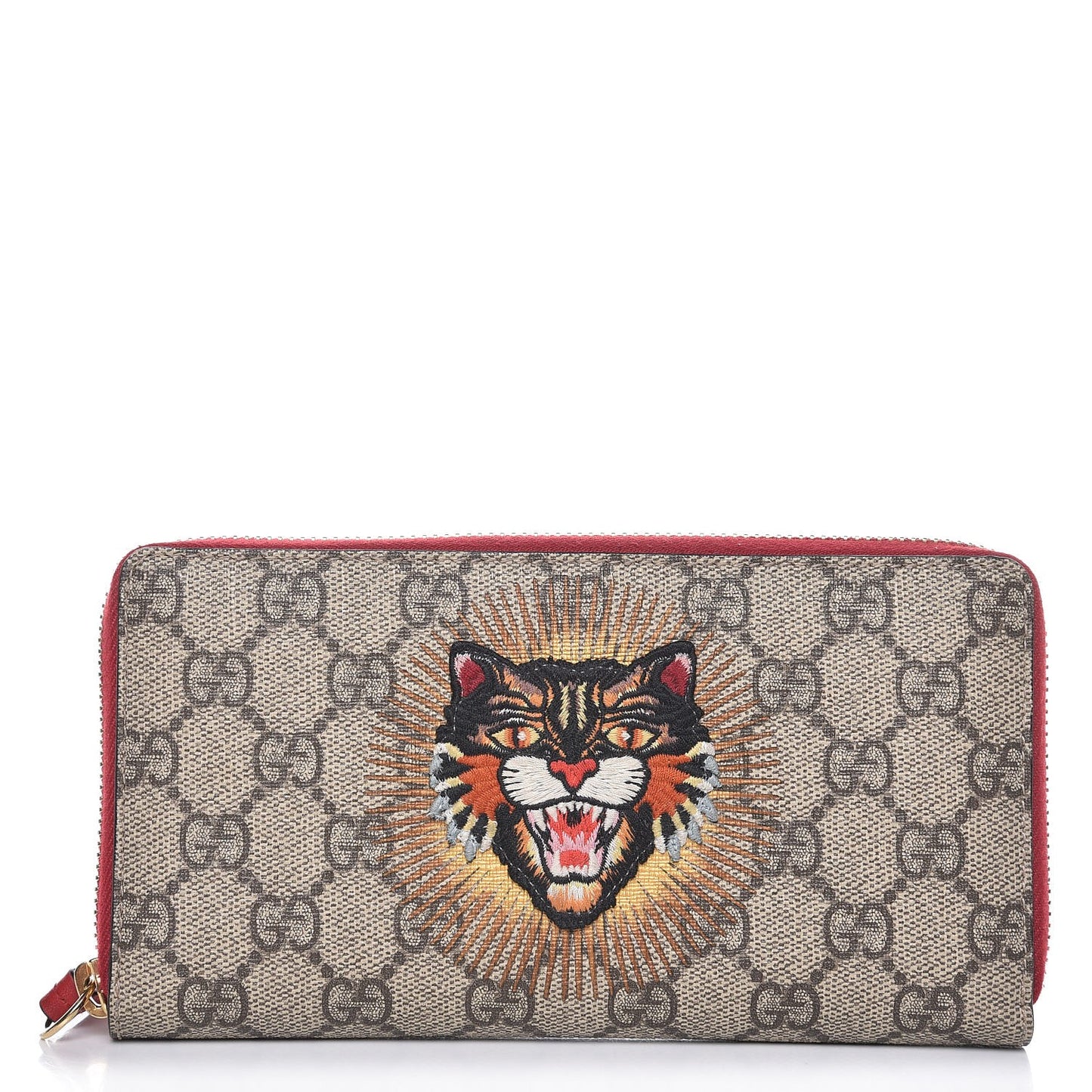GG Supreme Monogram Angry Cat Embroidered Zip Around Wallet Red