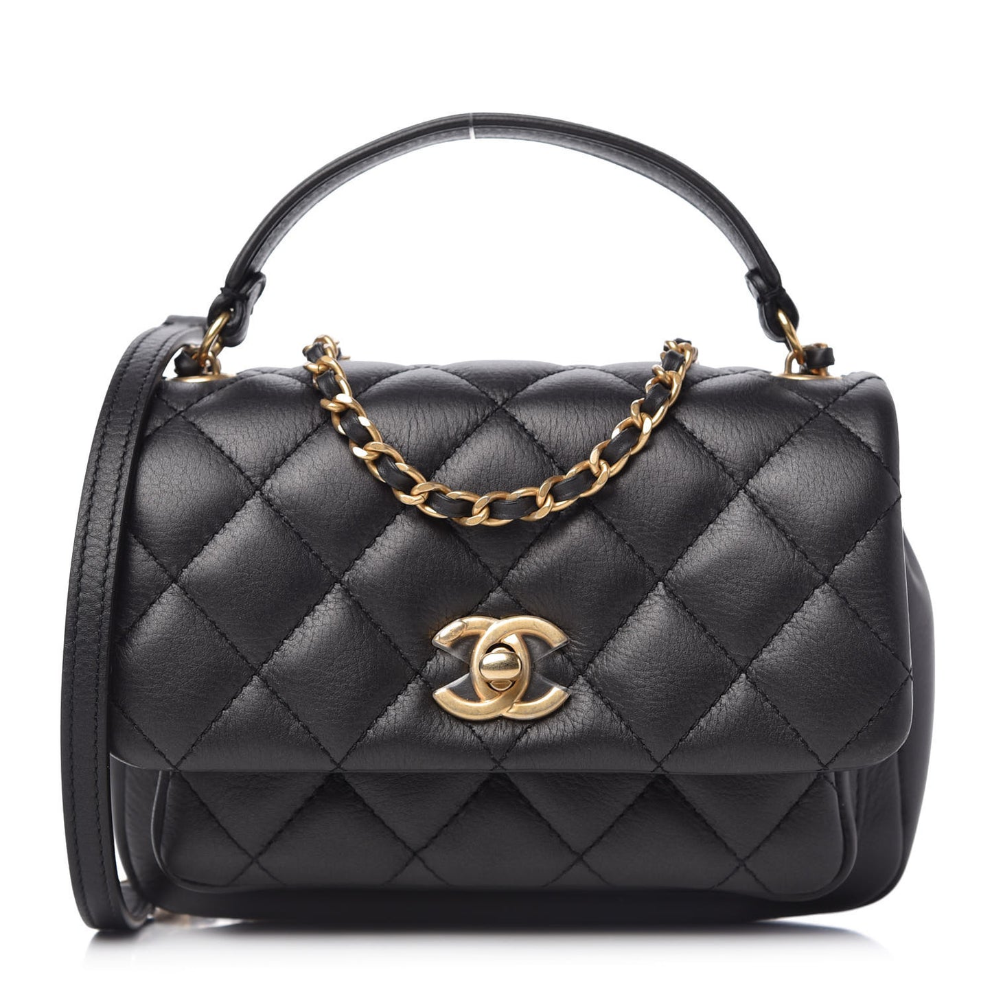 Calfskin Quilted Top Handle Flap Black