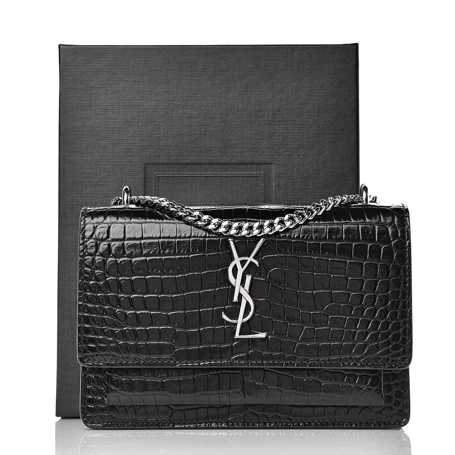 Saint Laurent Calfskin Crocodile Embossed Monogram Sunset Chain Wallet Black 9 of 9