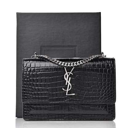Saint Laurent Calfskin Crocodile Embossed Monogram Sunset Chain Wallet Black 9 of 9