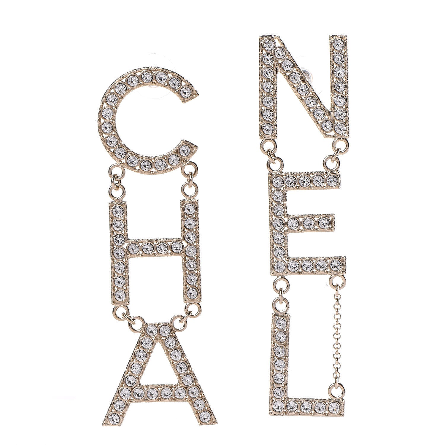 Chanel Crystal Cha-Nel Logo Drop Earrings Gold 1 of 5