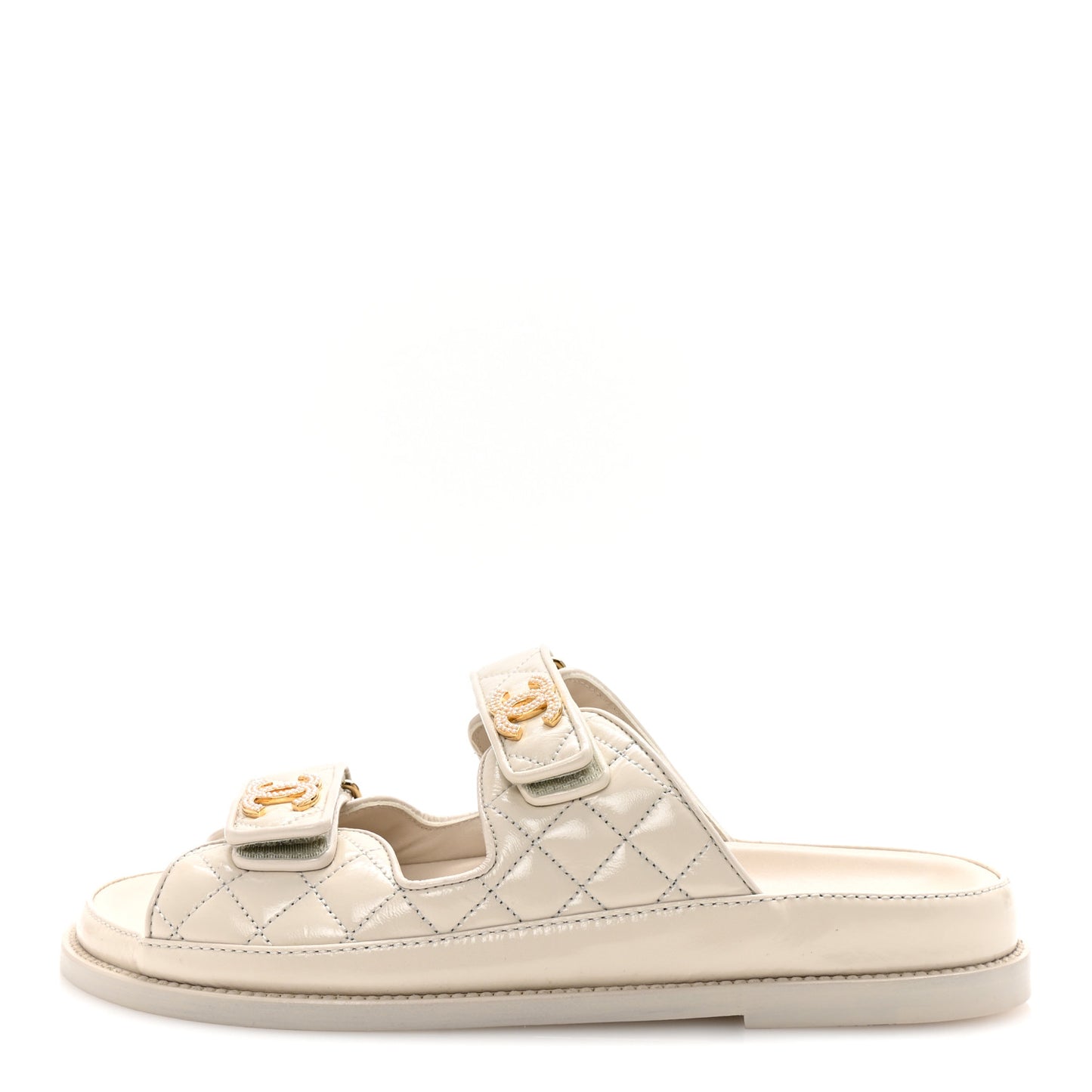 Shiny Calfskin Quilted Velcro Dad Pearl CC Slide Sandals 39.5 Light Beige