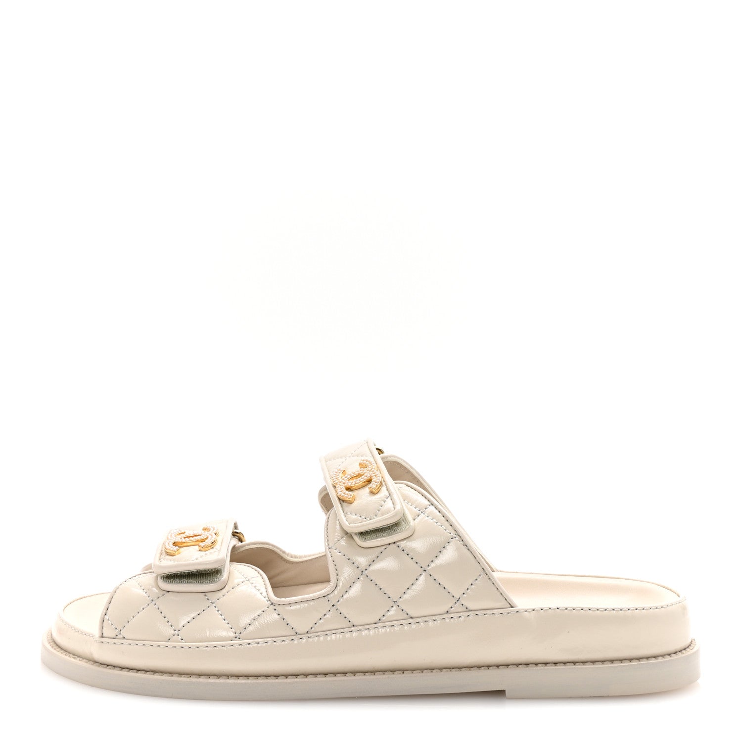Chanel Shiny Calfskin Quilted Velcro Dad Pearl CC Slide Sandals 39.5 Light Beige 1 of 10