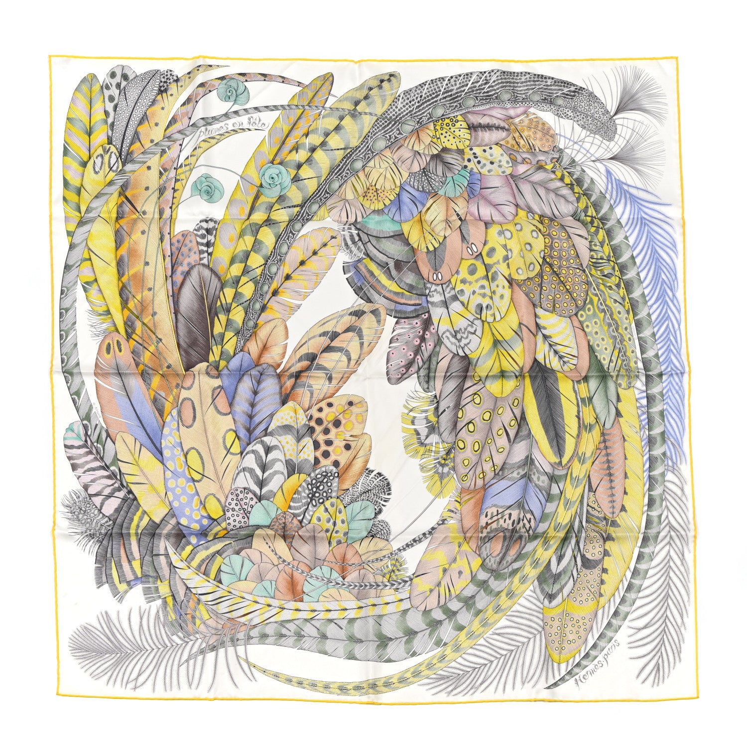 Hermes Silk Plumes En Fete Scarf 90 Blanc Jaune Mauve 1 of 5