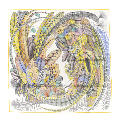 Hermes Silk Plumes En Fete Scarf 90 Blanc Jaune Mauve 1 of 5