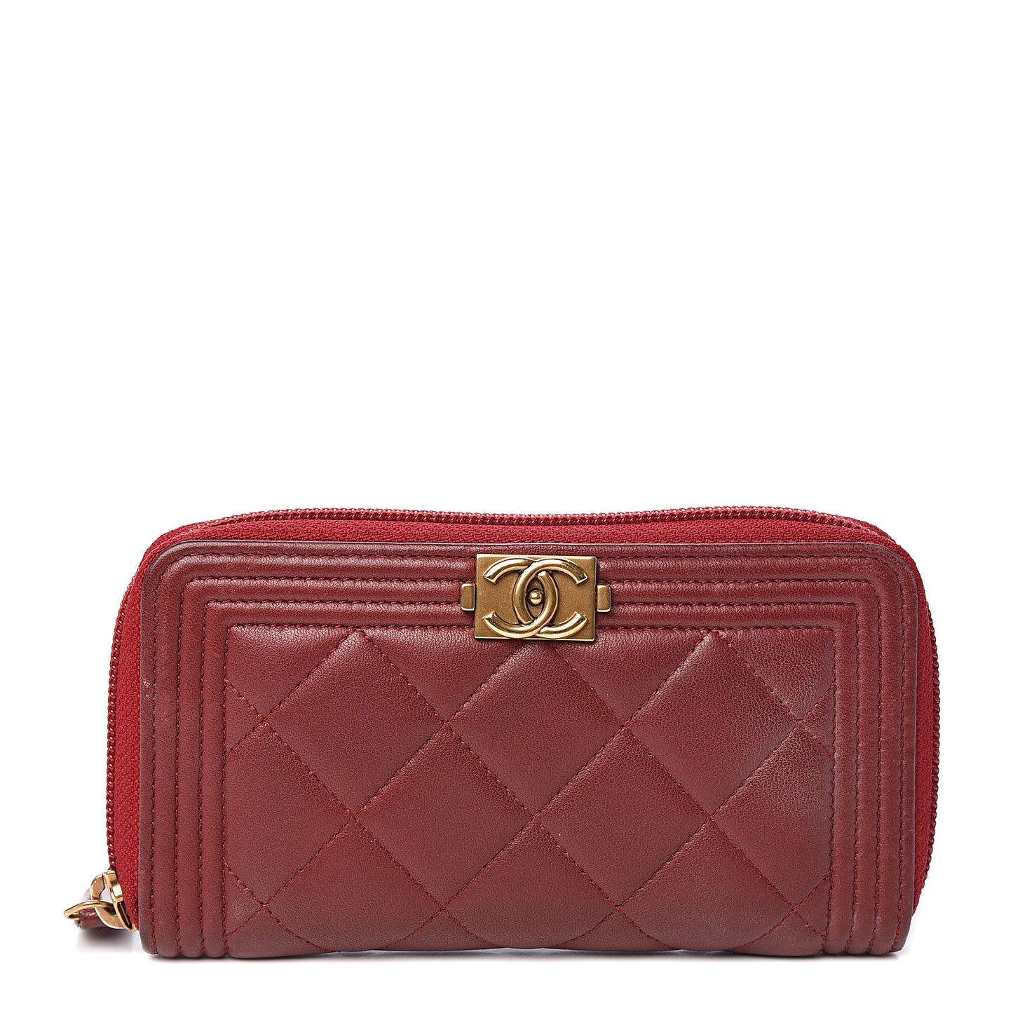 Lambskin Quilted Small Boy Zip Around Wallet Dark Red