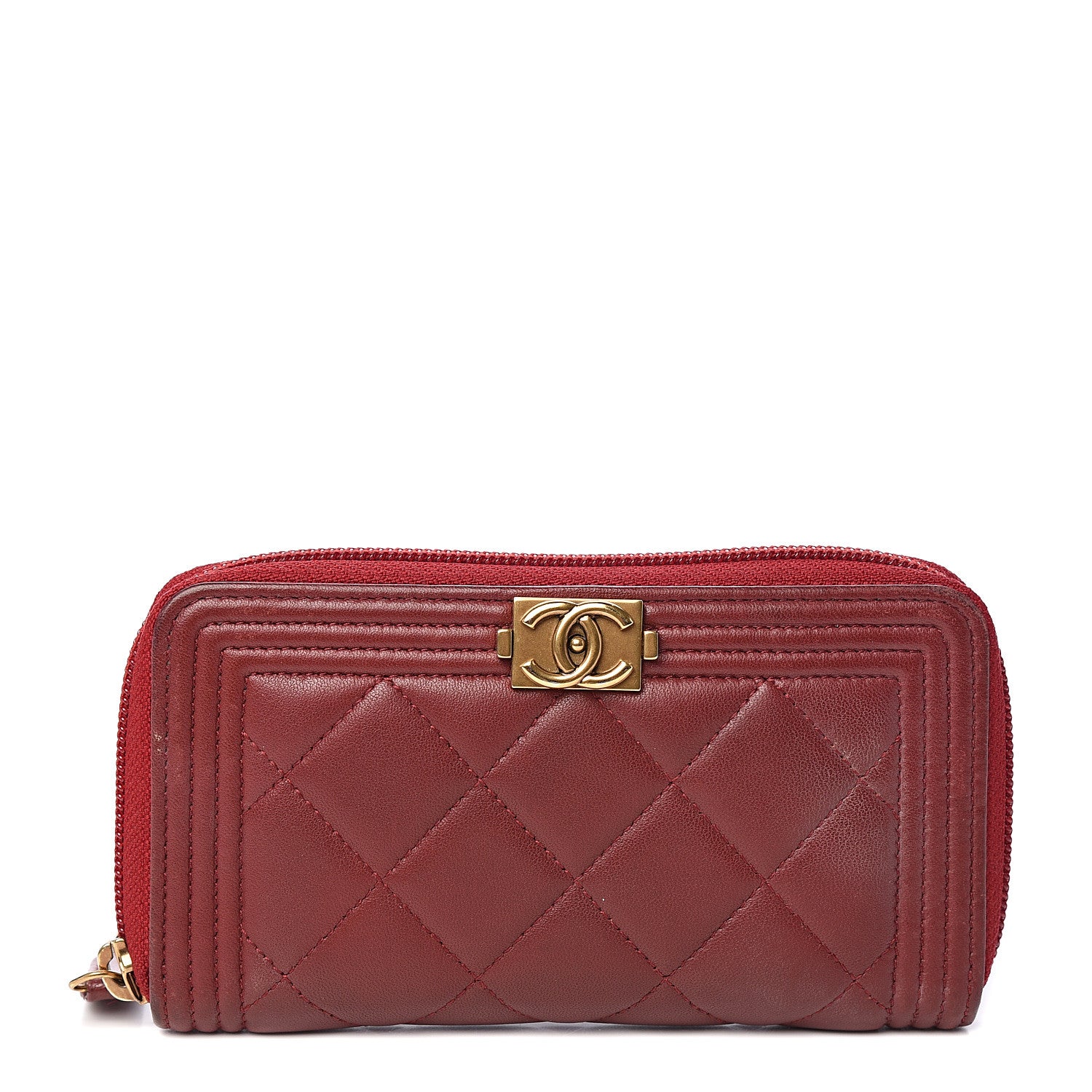 Chanel Lambskin Quilted Small Boy Zip Around Wallet Dark Red 1 of 10