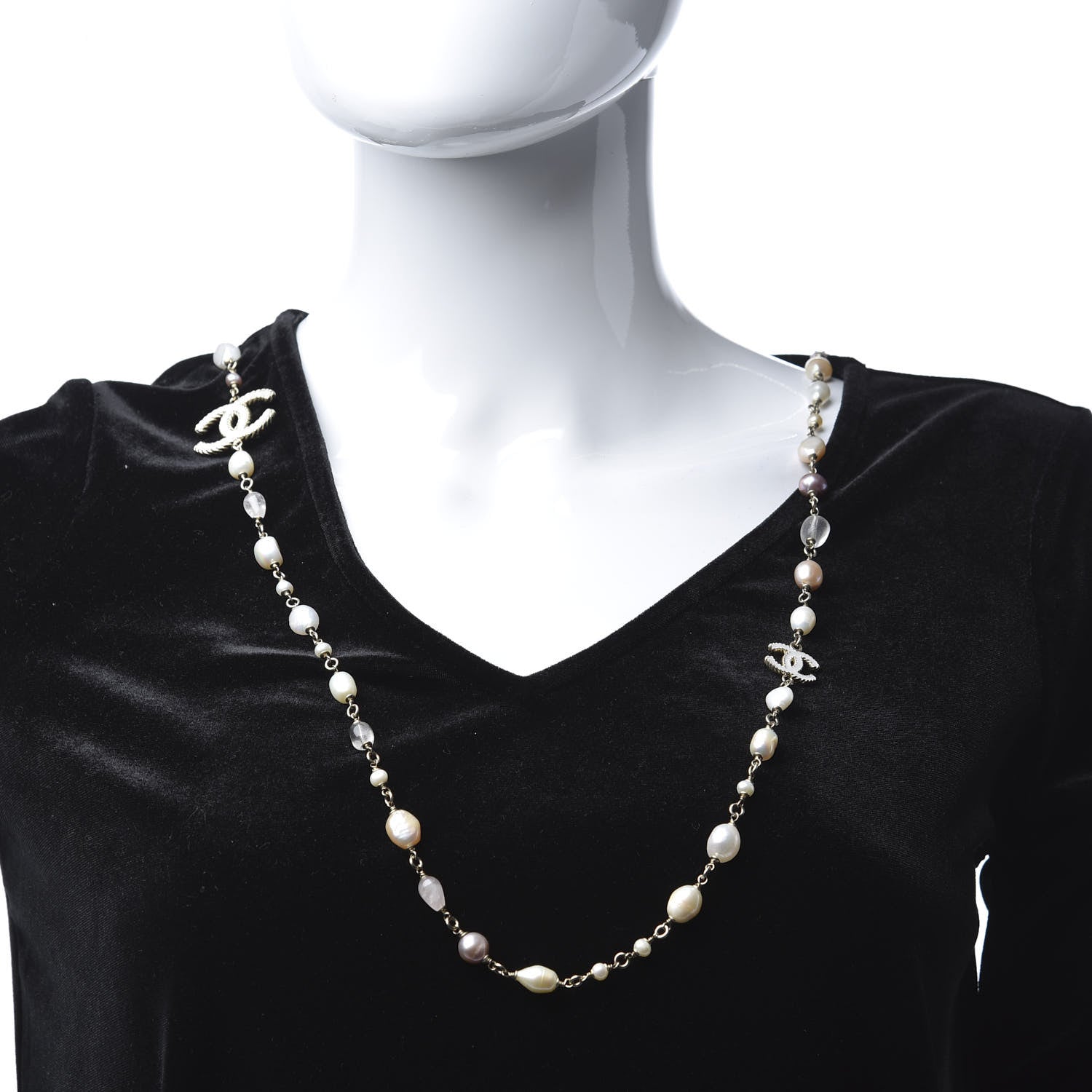 Chanel Pearl Beaded CC Long Necklace Pink Gold 1 of 5