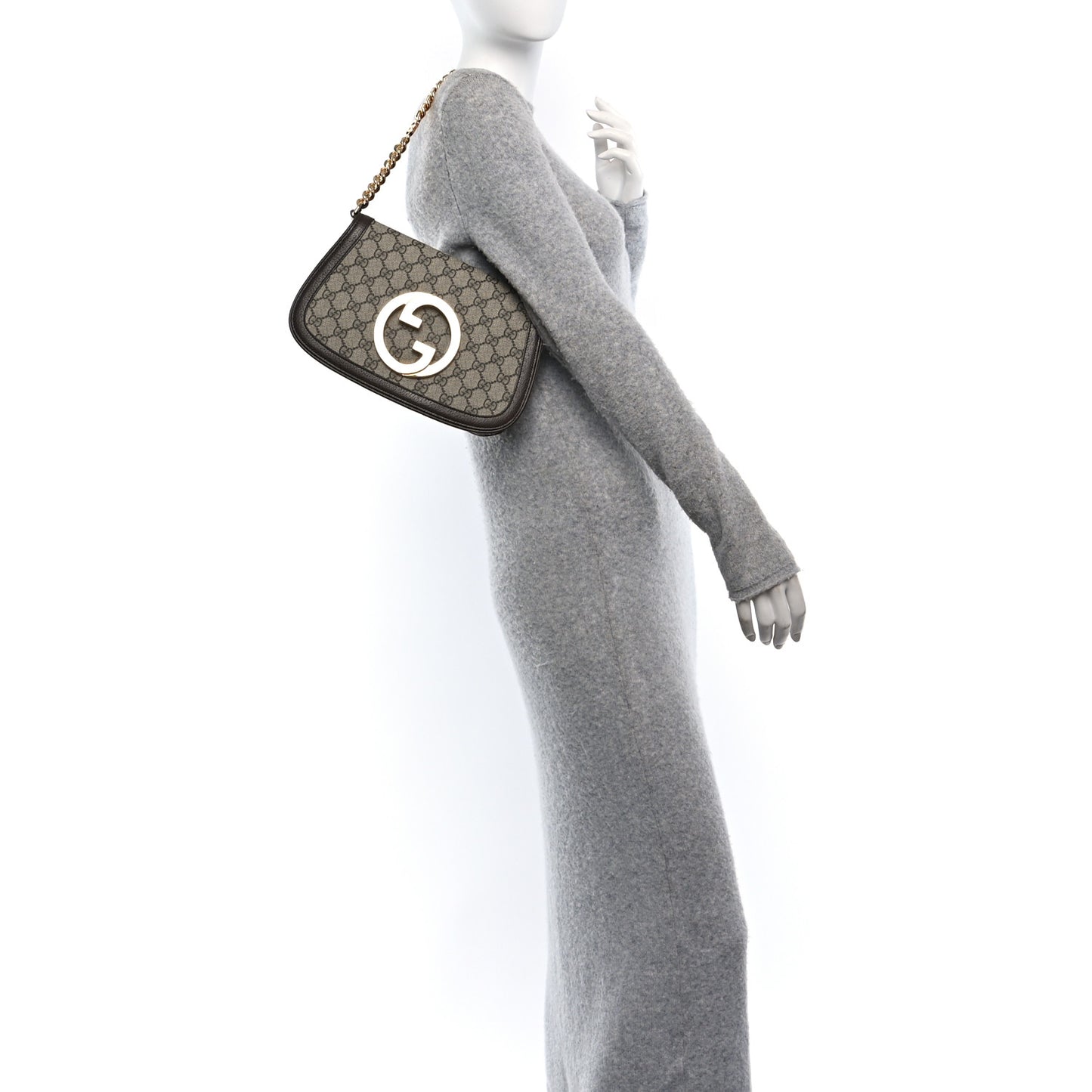 GG Supreme Monogram Textured Dollar Calfskin Blondie Chain Shoulder Flap Bag Beige Ebony New Acero