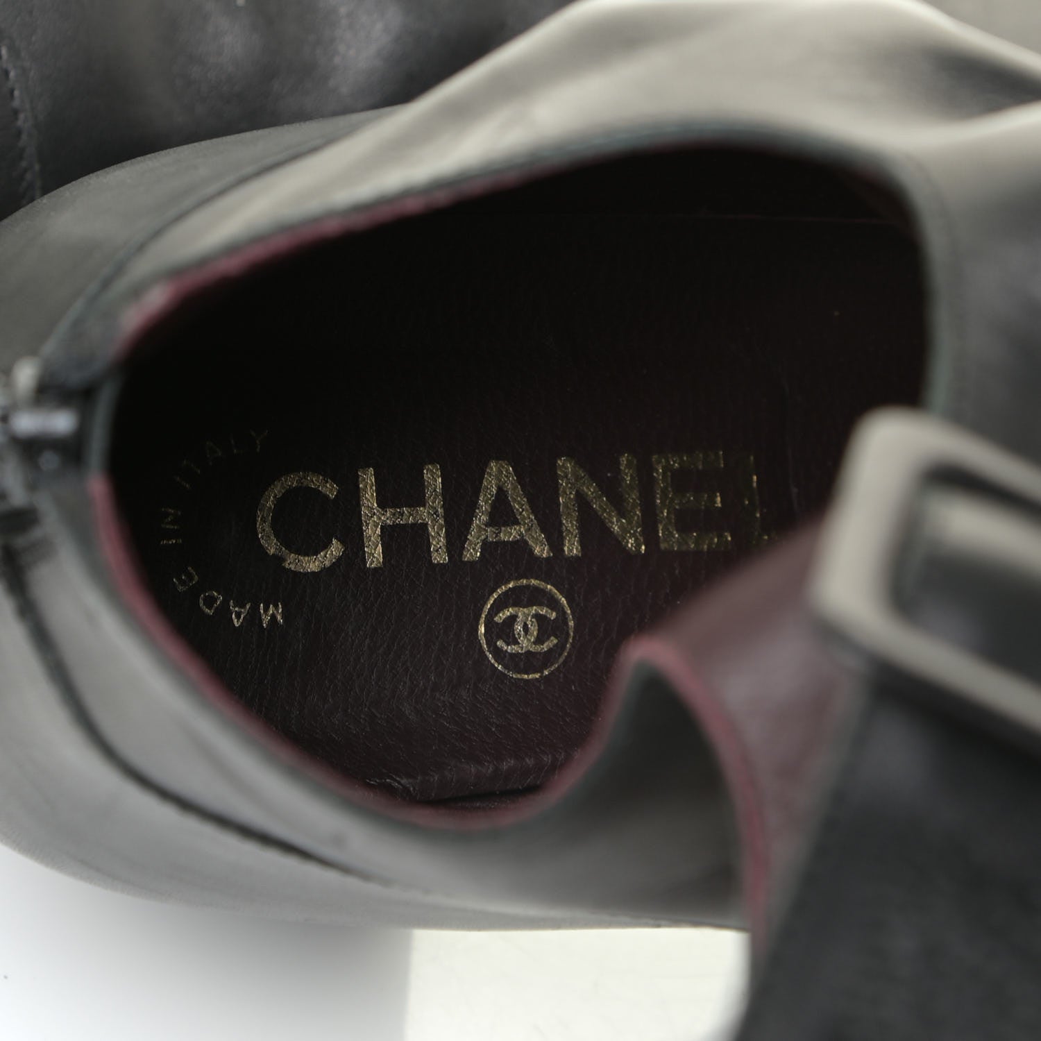 Chanel Lambskin Patent Cut Out Buckle Cap Toe Knee High Boots 39 Black 11 of 11