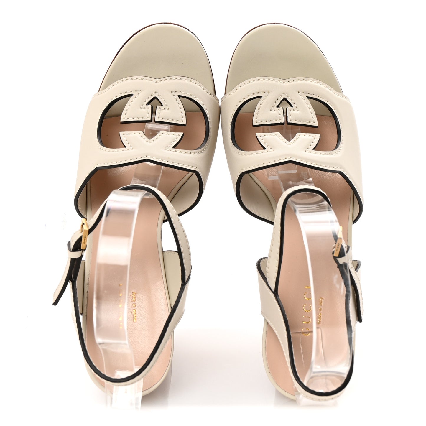 Cosmos Softy Calfskin Wooden Interlocking G Cut-Out 30/120mm Platform Sandals 38 Mystic White
