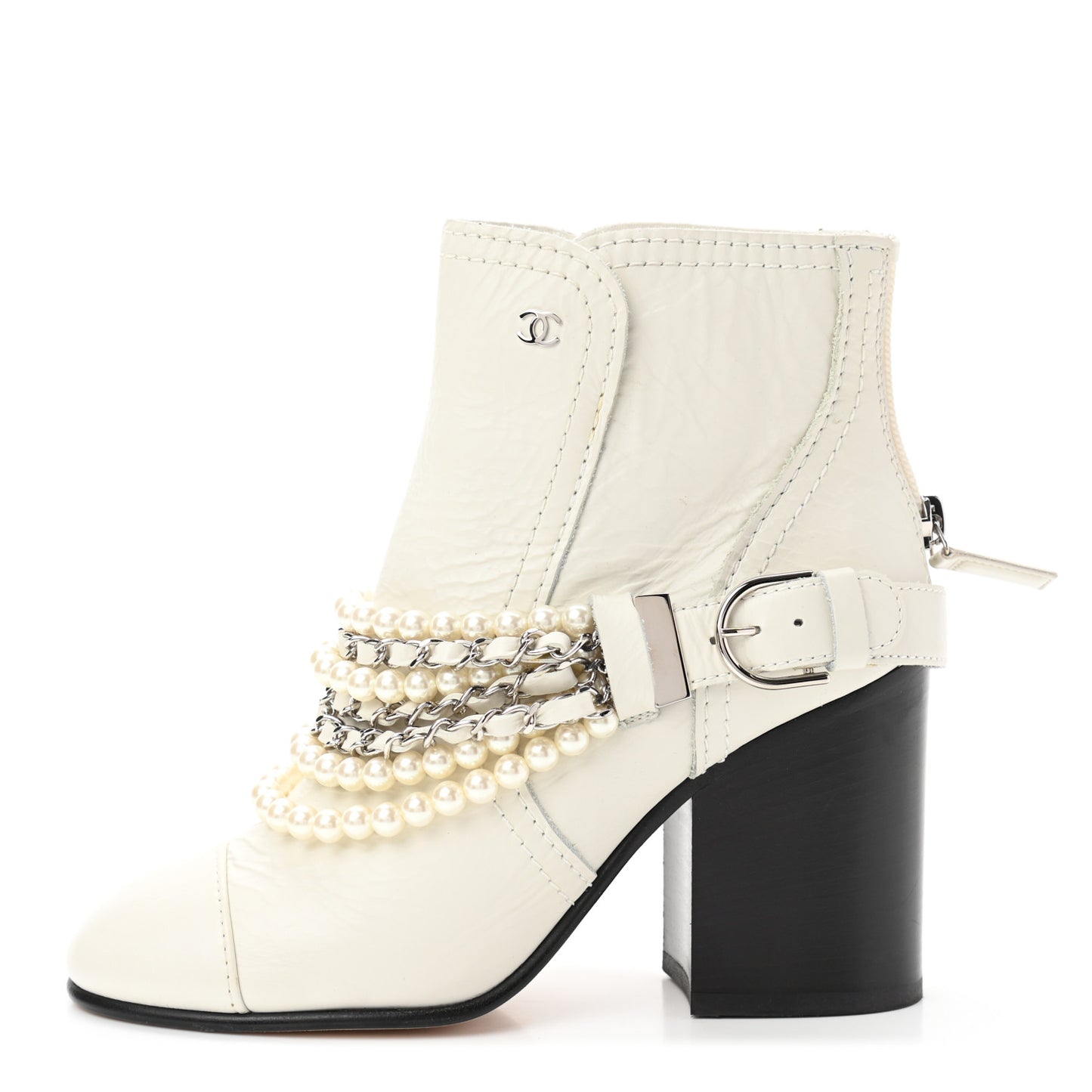 Crackled Calfskin Pearl Chain CC Short Boots 35 White