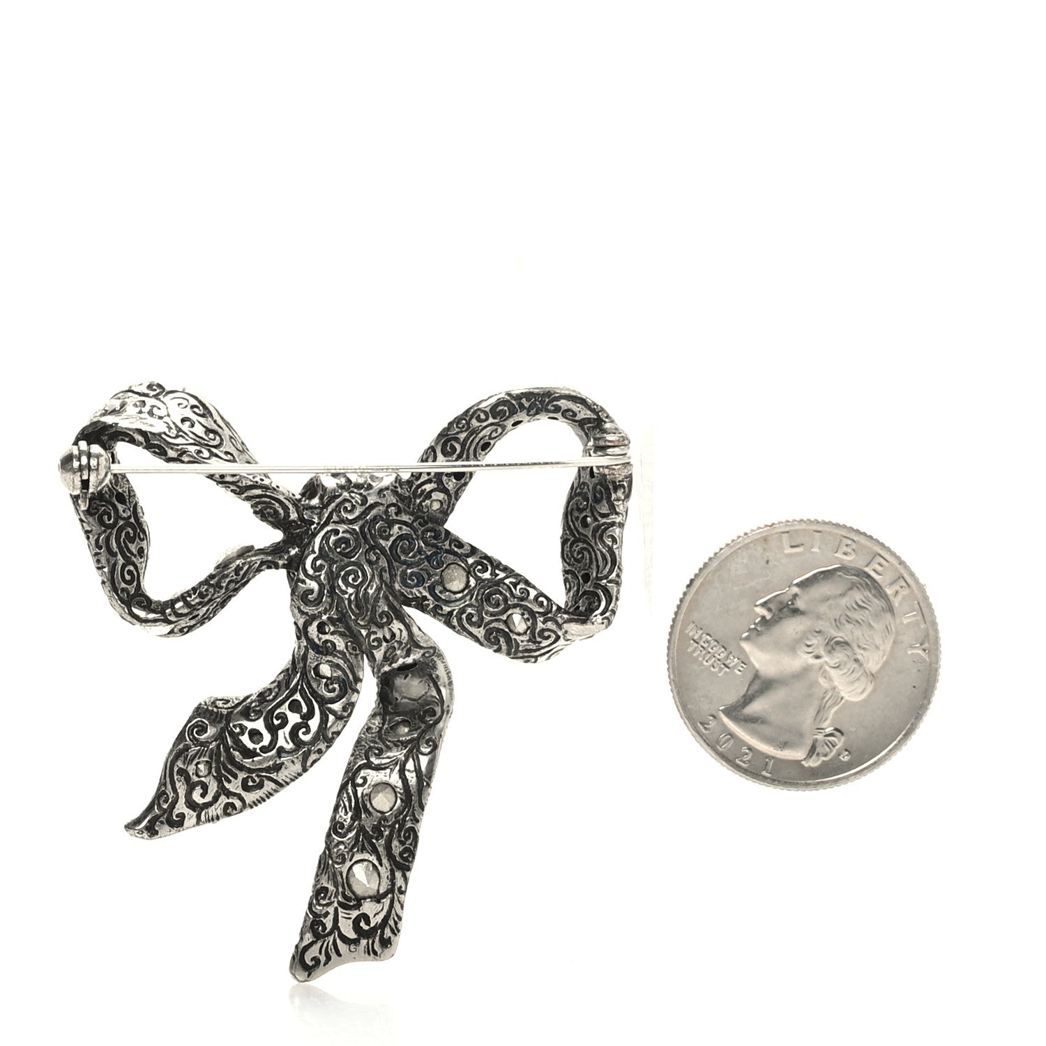 Gucci Metal Crystal Bow Brooch Silver 2 of 3
