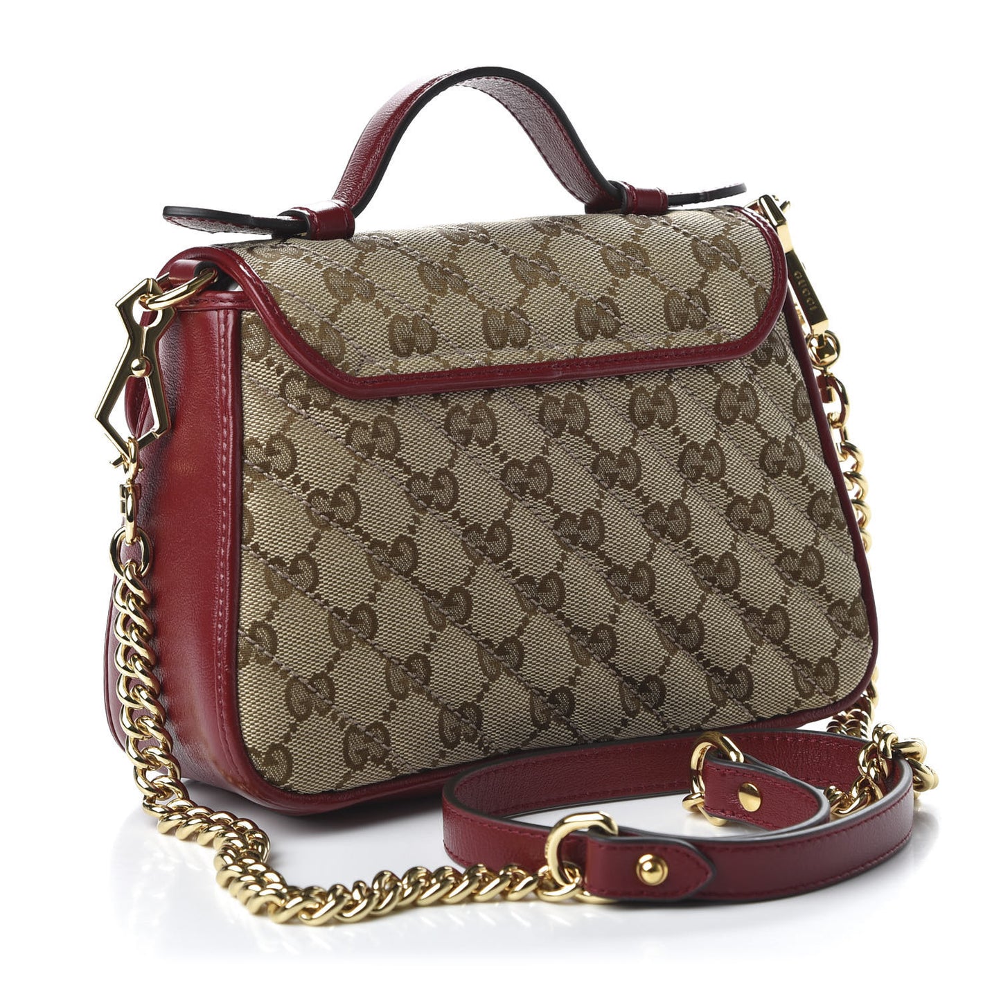 Monogram Glazed Calfskin Matelasse Diagonal Mini GG Marmont Top Handle Shoulder Bag Beige Ebony New Cherry Red