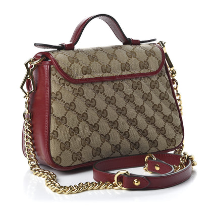 Gucci Monogram Glazed Calfskin Matelasse Diagonal Mini GG Marmont Top Handle Shoulder Bag Beige Ebony New Cherry Red 3 of 10