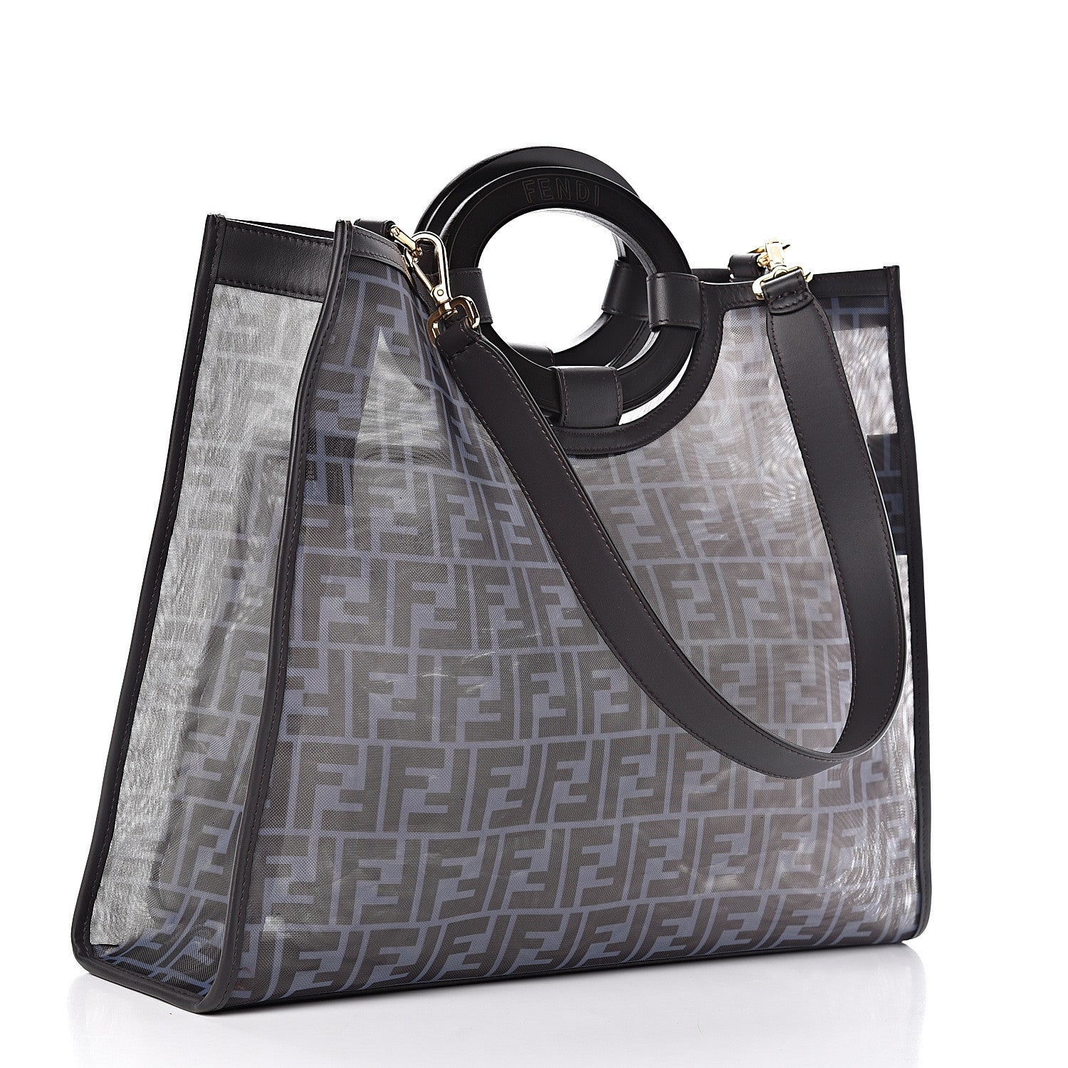 Fendi Mesh Vitello Century Cuoio FF 1974 Medium Runaway Shopper Tote Azzurro Black Ebano 3 of 13