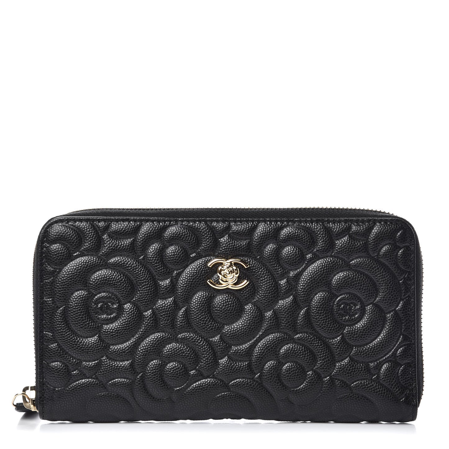 Caviar Camellia Embossed Large Zip Around Gusset Wallet Black