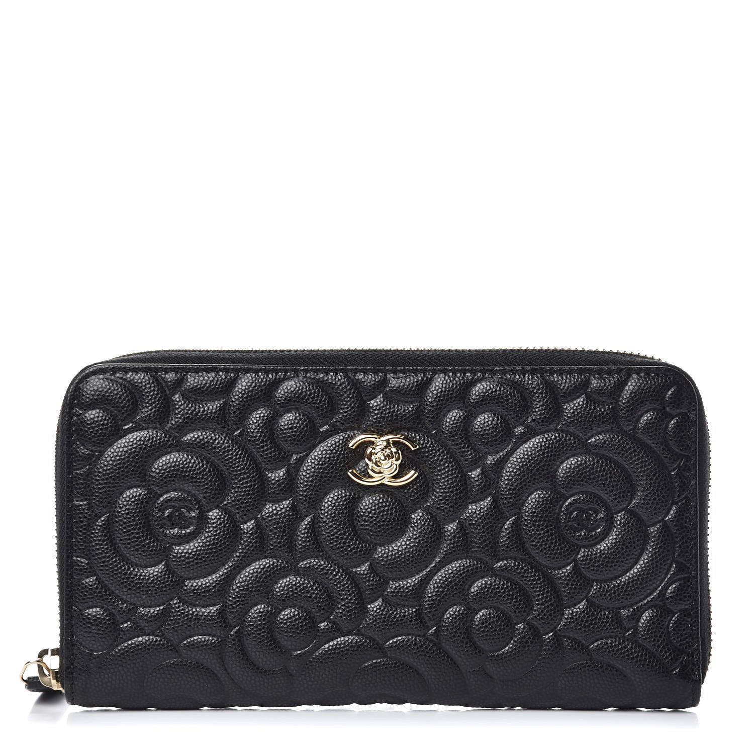 Chanel Caviar Camellia Embossed Large Zip Around Gusset Wallet Black 1 of 8