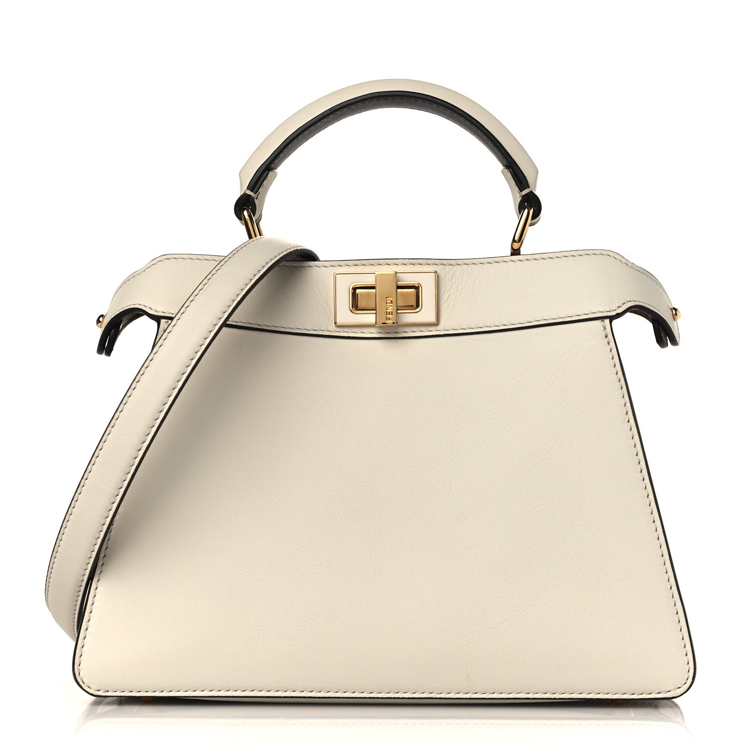 a photo of a light beige FENDI Vitello Seta Nappa Plexiglass Bi-Color Peekaboo I SEE U Satchel bag in White Ice and Sand from FASHIONPHILE