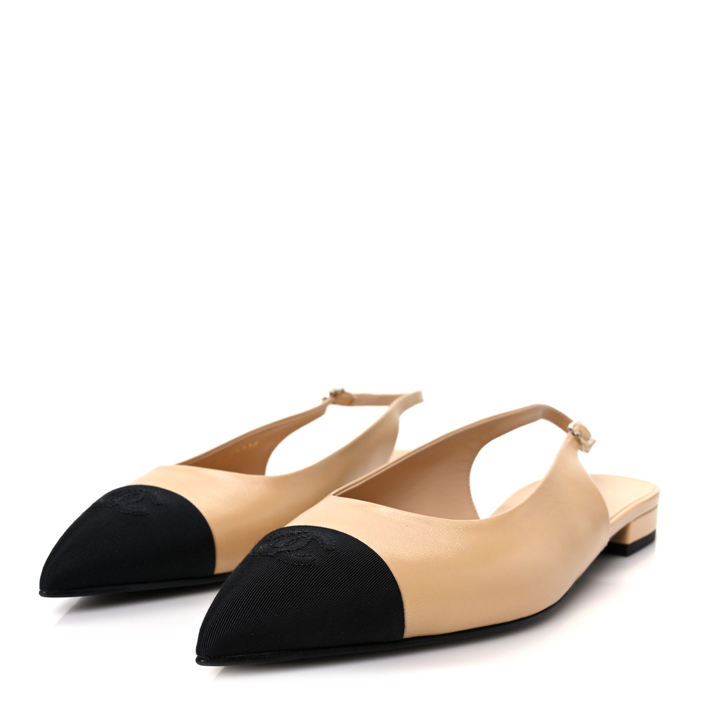 Goatskin Grosgrain Pointed Toe CC Slingback Flats 40.5 Beige Black