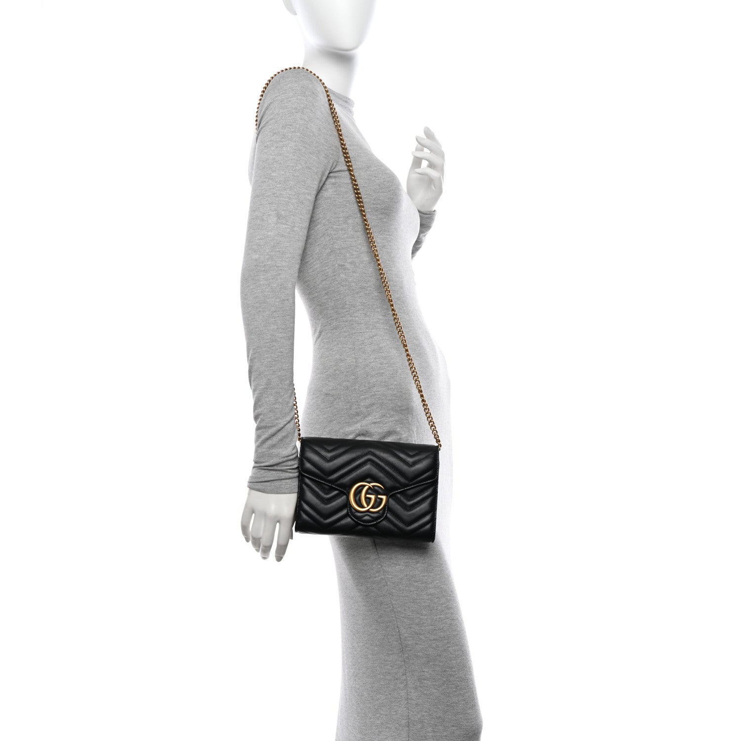 Gucci Calfskin Matelasse GG Marmont Chain Wallet Black 2 of 13