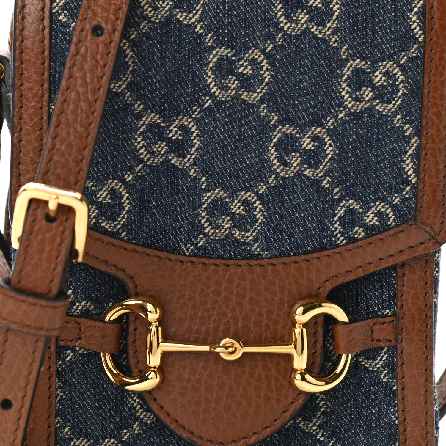 Gucci New Denim GG Monogram Dollar Calfskin Mini Horsebit 1955 Crossbody Bag Blue Tea Cuir Epilog 8 of 10