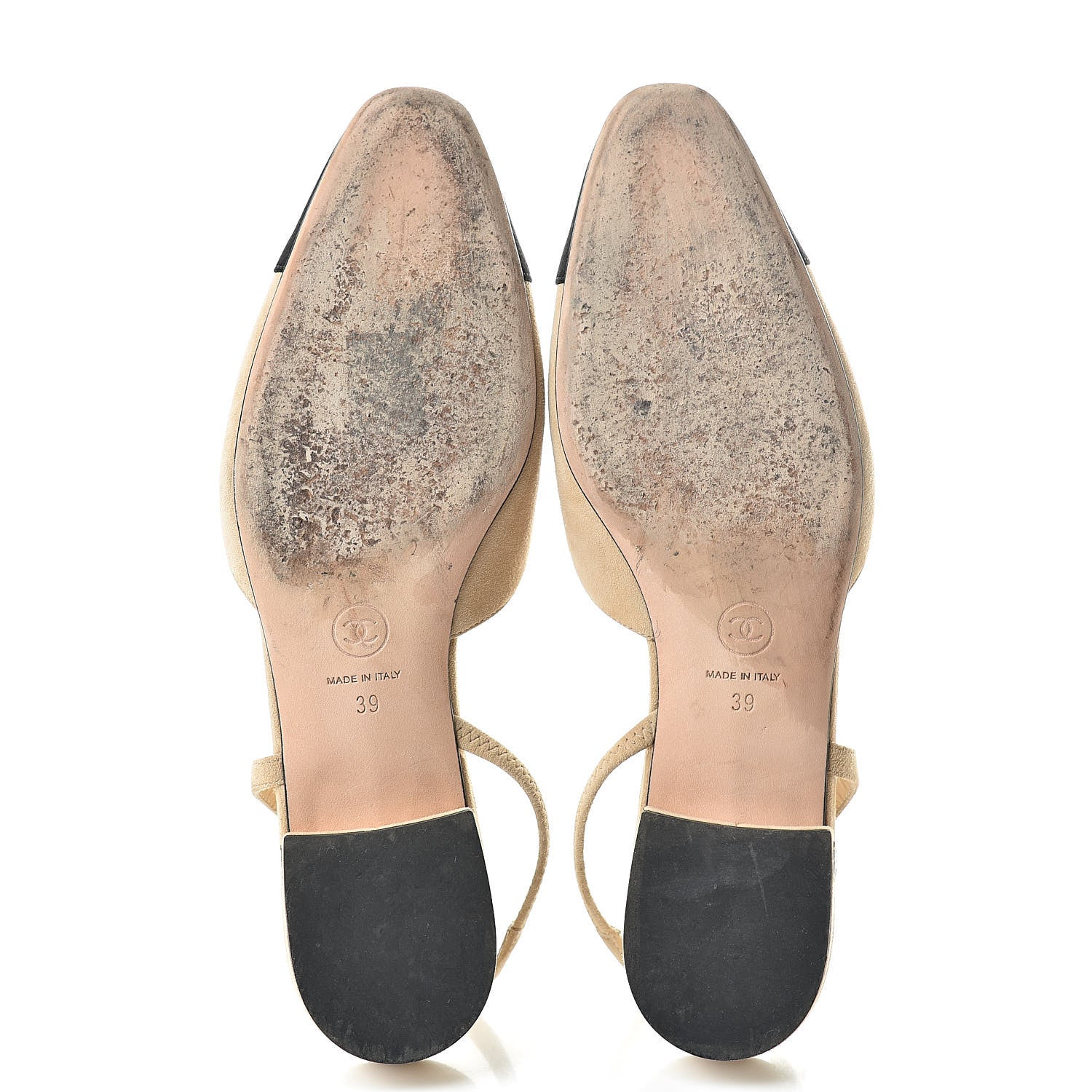 Chanel Kid Suede Satin Cap Toe CC Slingback Pumps 39 Beige Black 7 of 11