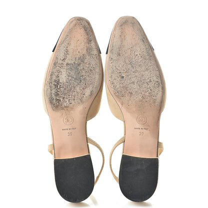 Chanel Kid Suede Satin Cap Toe CC Slingback Pumps 39 Beige Black 7 of 11