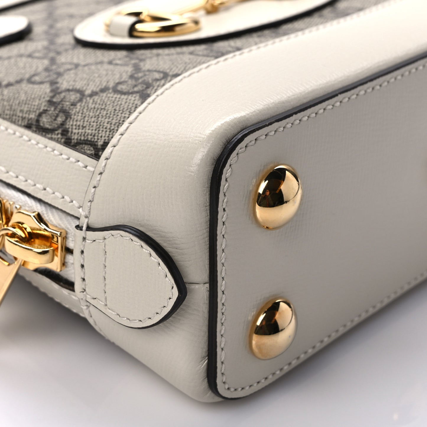 GG Supreme Monogram Azalea Calfskin Mini Horsebit 1955 Top Handle Bag Beige Ebony Mystic White