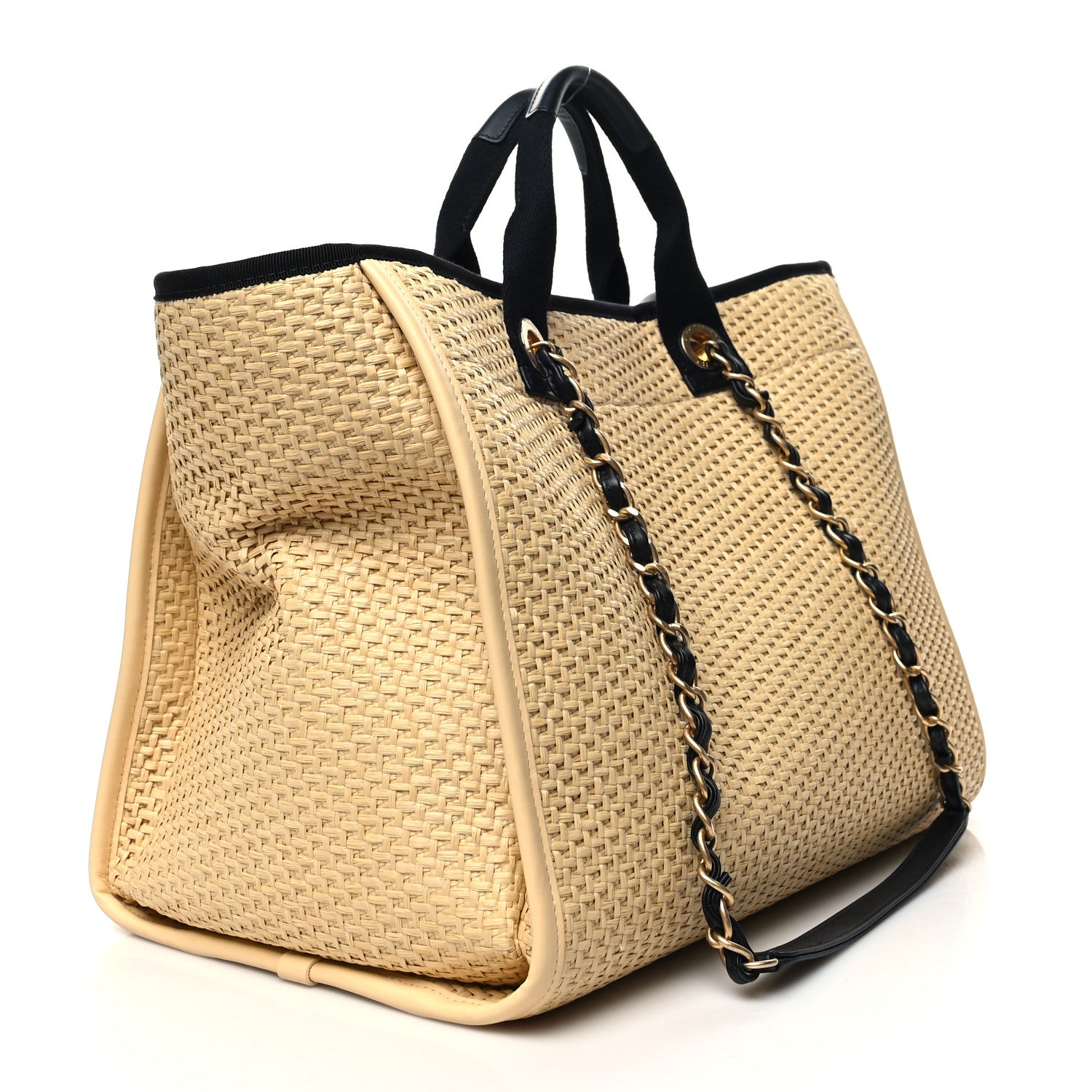 Chanel Straw Raffia Calfskin Chain Medium Deauville Tote Beige Black 3 of 12