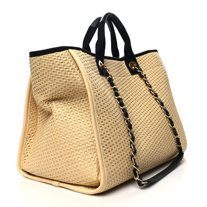 Chanel Straw Raffia Calfskin Chain Medium Deauville Tote Beige Black 3 of 12