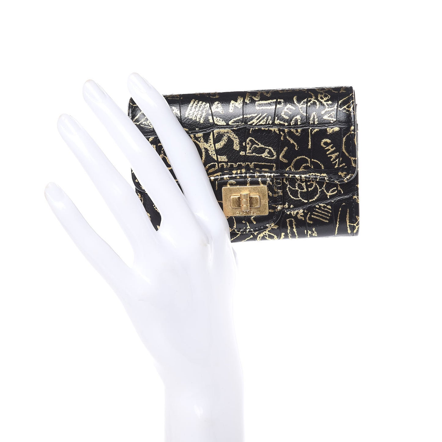 Calfskin Crocodile Embossed Graffiti Reissue Card Holder Wallet Black Gold
