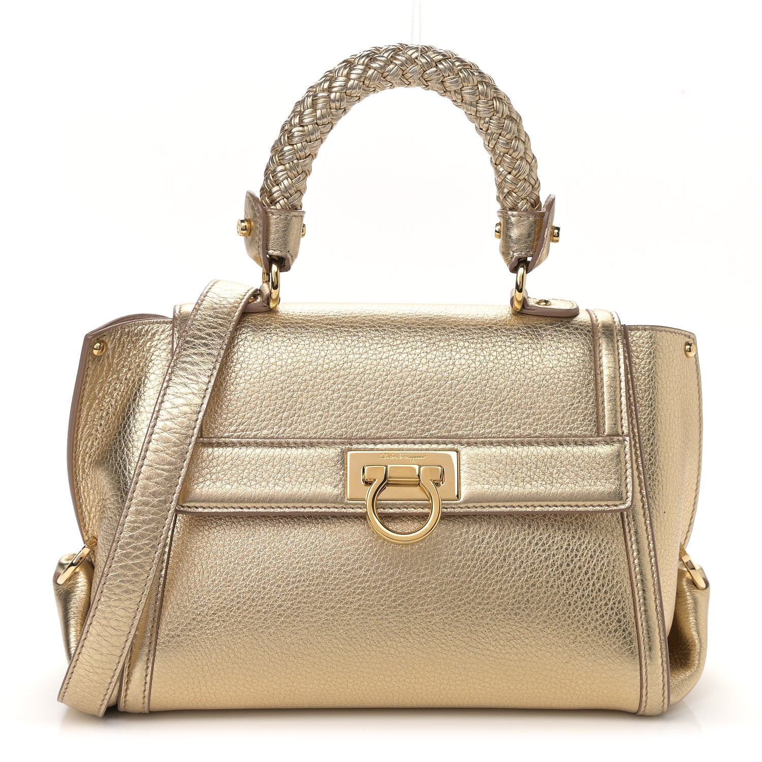 Salvatore Ferragamo Metallic Grained Calfskin Sofia Satchel Gold 1 of 11