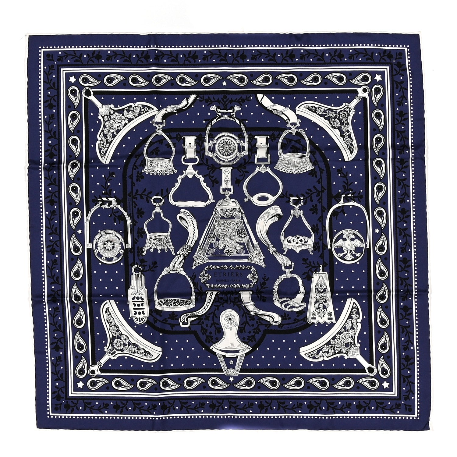Hermes Silk Etriers Bandana Scarf 55 Marine White Black 1 of 5