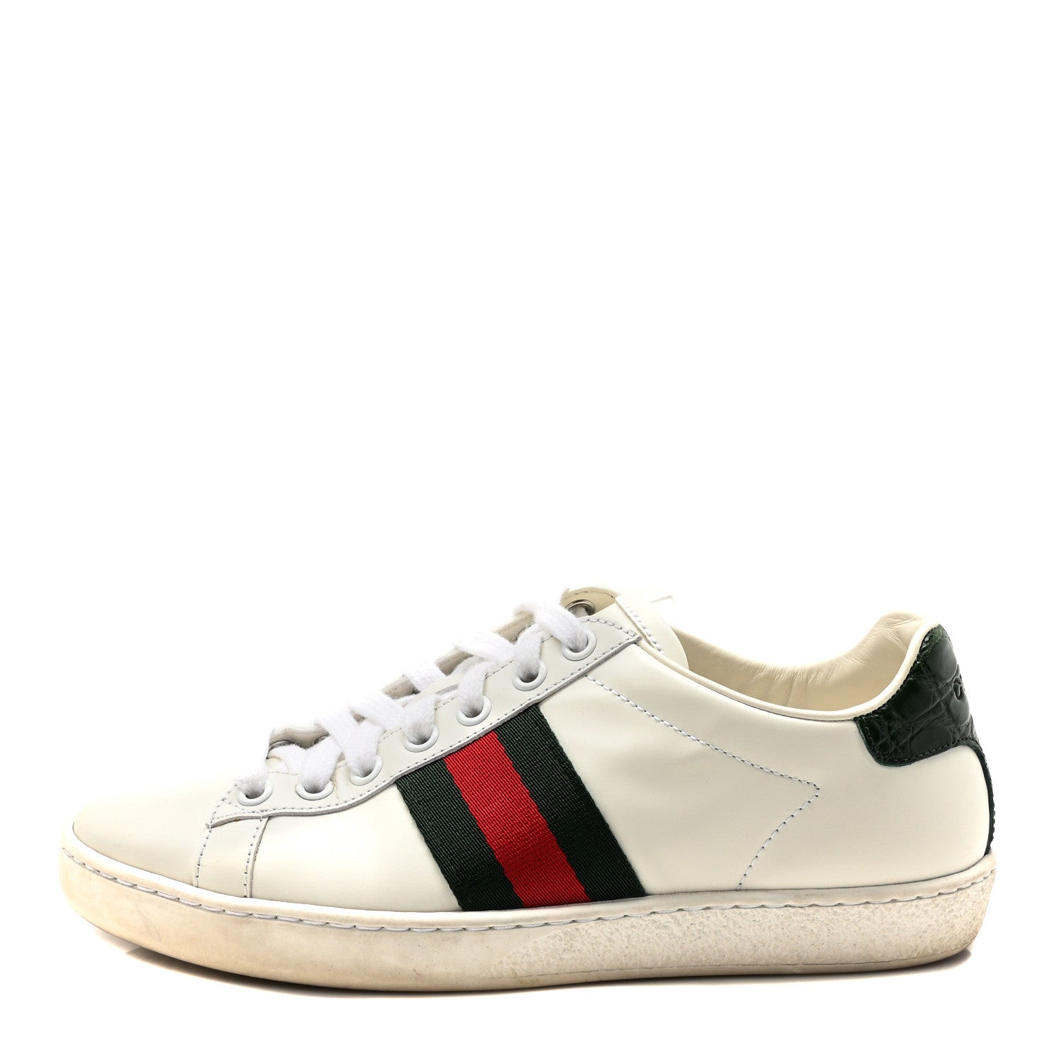 Gucci Calfskin Crocodile Web Womens Ace Sneakers 35 White Green 1 of 9