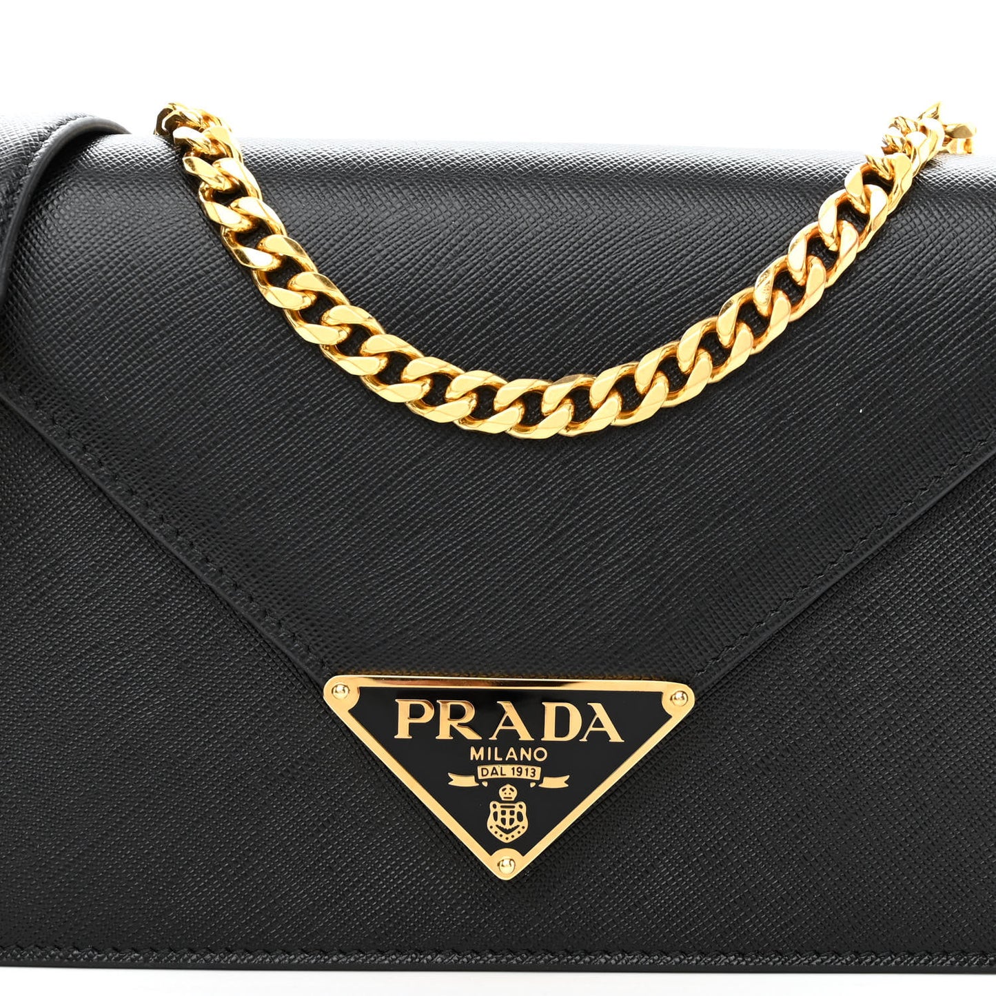 Saffiano Lux Metal Triangle Logo Mini Envelope Chain Shoulder Bag Black
