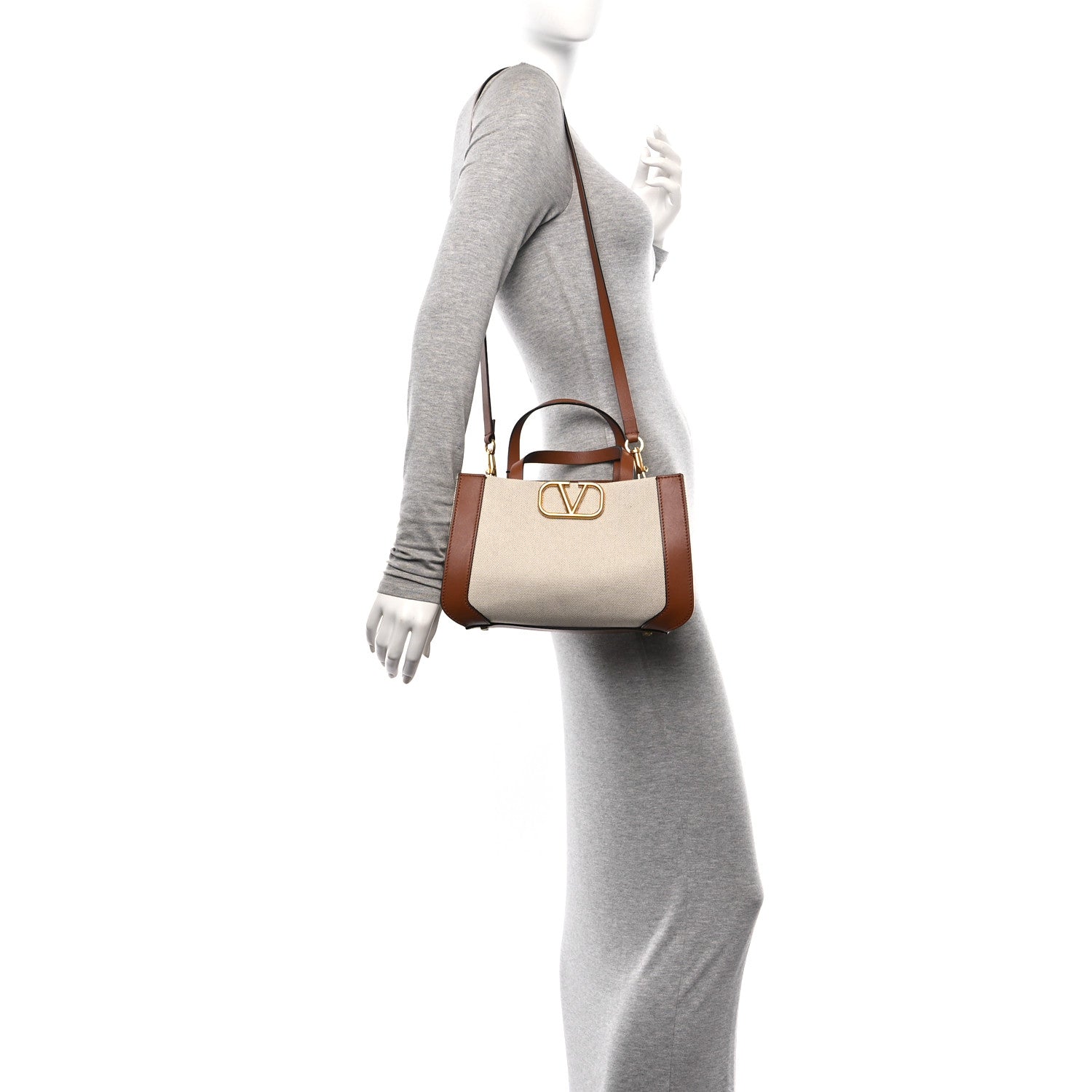 Valentino Garavani Canvas Calfskin Small Vlogo Signature Handbag Beige Selleria 2 of 9