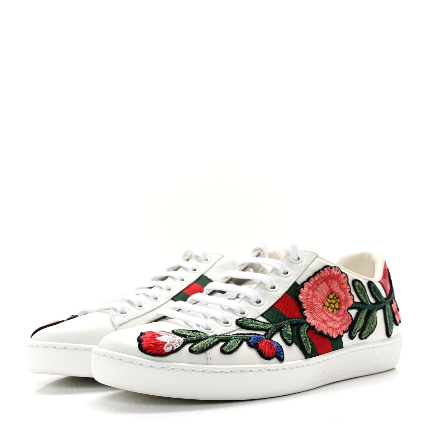 Calfskin Web Floral Embroidered Womens Ace Sneakers 36 White