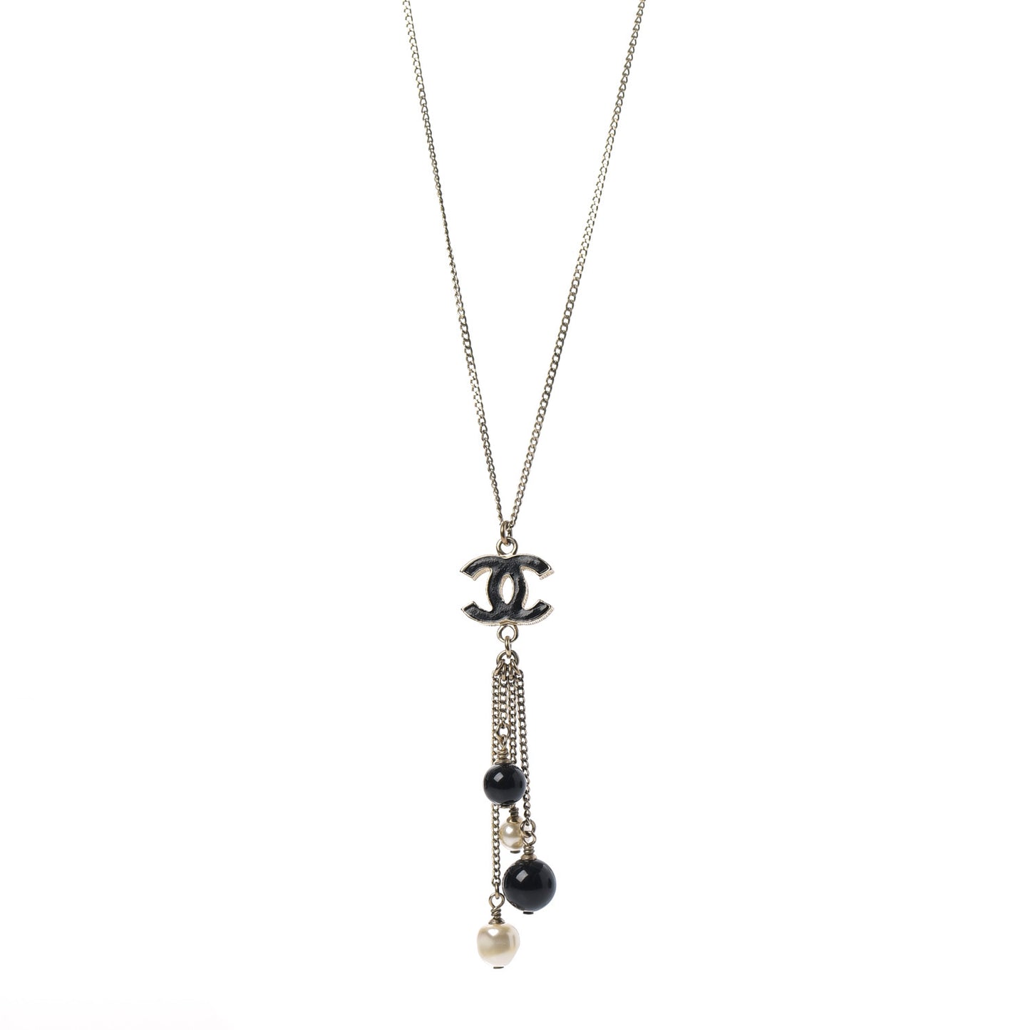 Enamel Bead Pearl CC Drop Necklace Black Gold