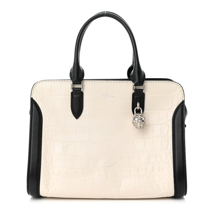 Alexander McQueen Calfskin Crocodile Embossed Small Skull Padlock Zip Around Tote White Black 1 of 13