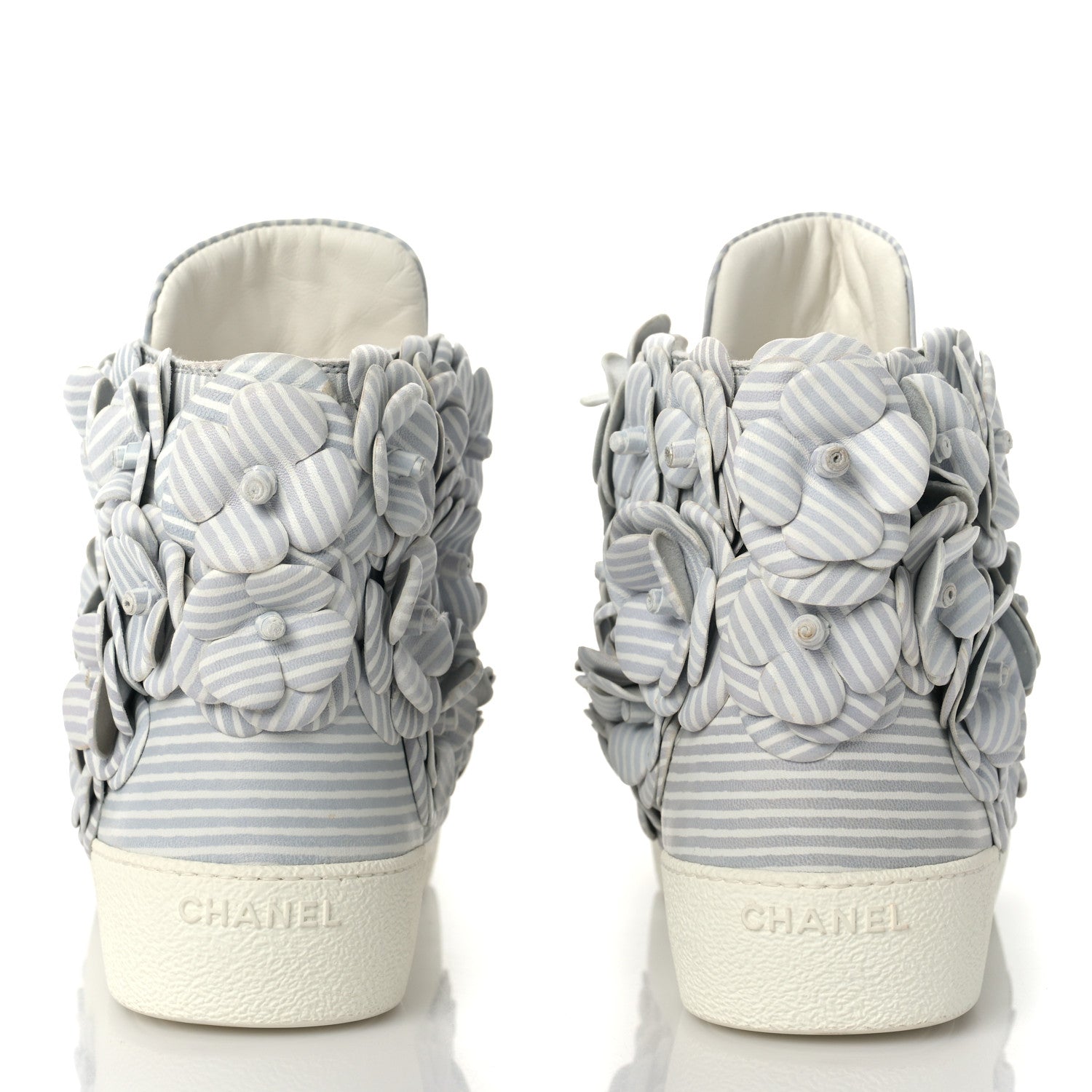 Chanel Lambskin Striped Camellia High Top Sneakers 37 Grey 5 of 8