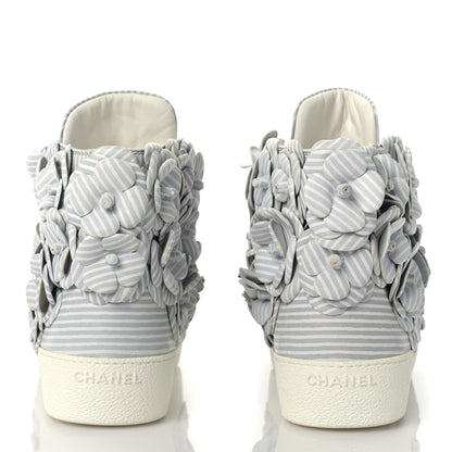 Chanel Lambskin Striped Camellia High Top Sneakers 37 Grey 5 of 8