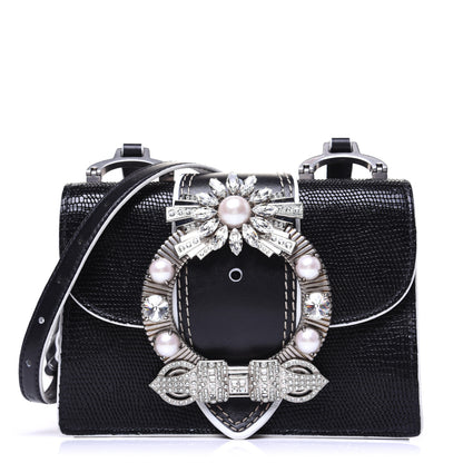Miu Miu Embossed Lizard Calfskin Crystal Embellished Saint Lucertola Shoulder Bag Black 1 of 14
