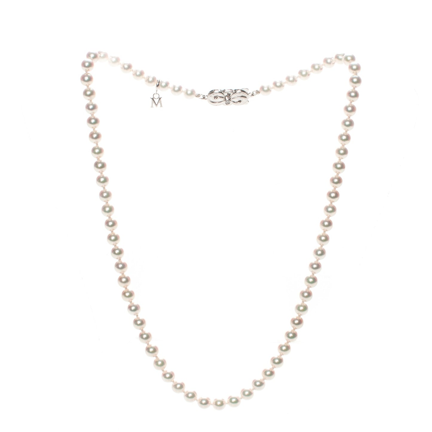 18K White Gold Diamond Pearl 5mm Strand Necklace 16