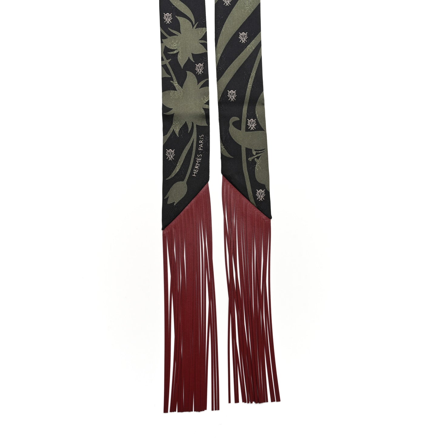Silk Calfskin Bouquet Final Fringed Twilly Vert Loden Black