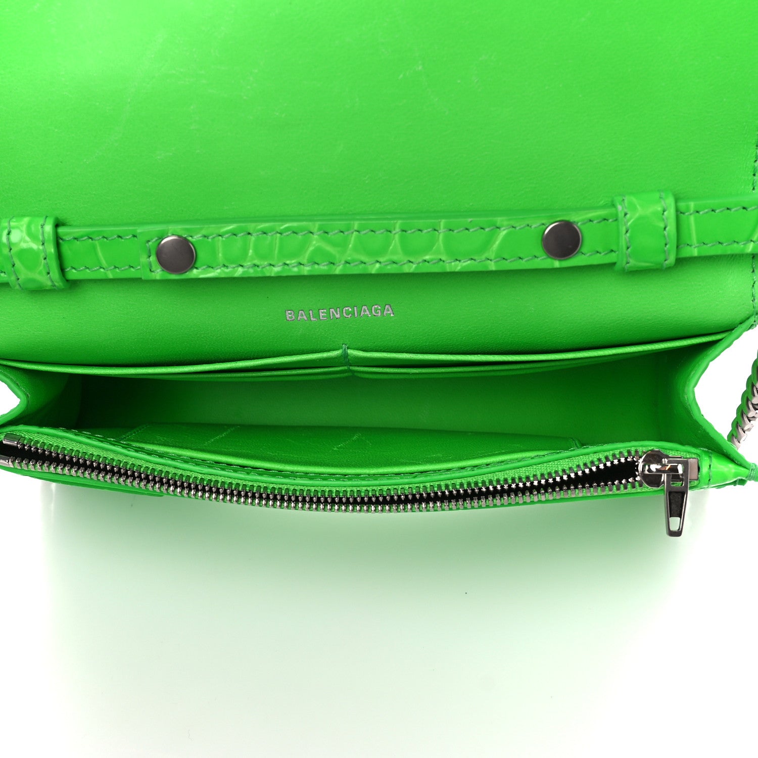 Balenciaga Shiny Calfskin Strass Crocodile Embossed Hourglass Chain Bag Fluo Green 5 of 10