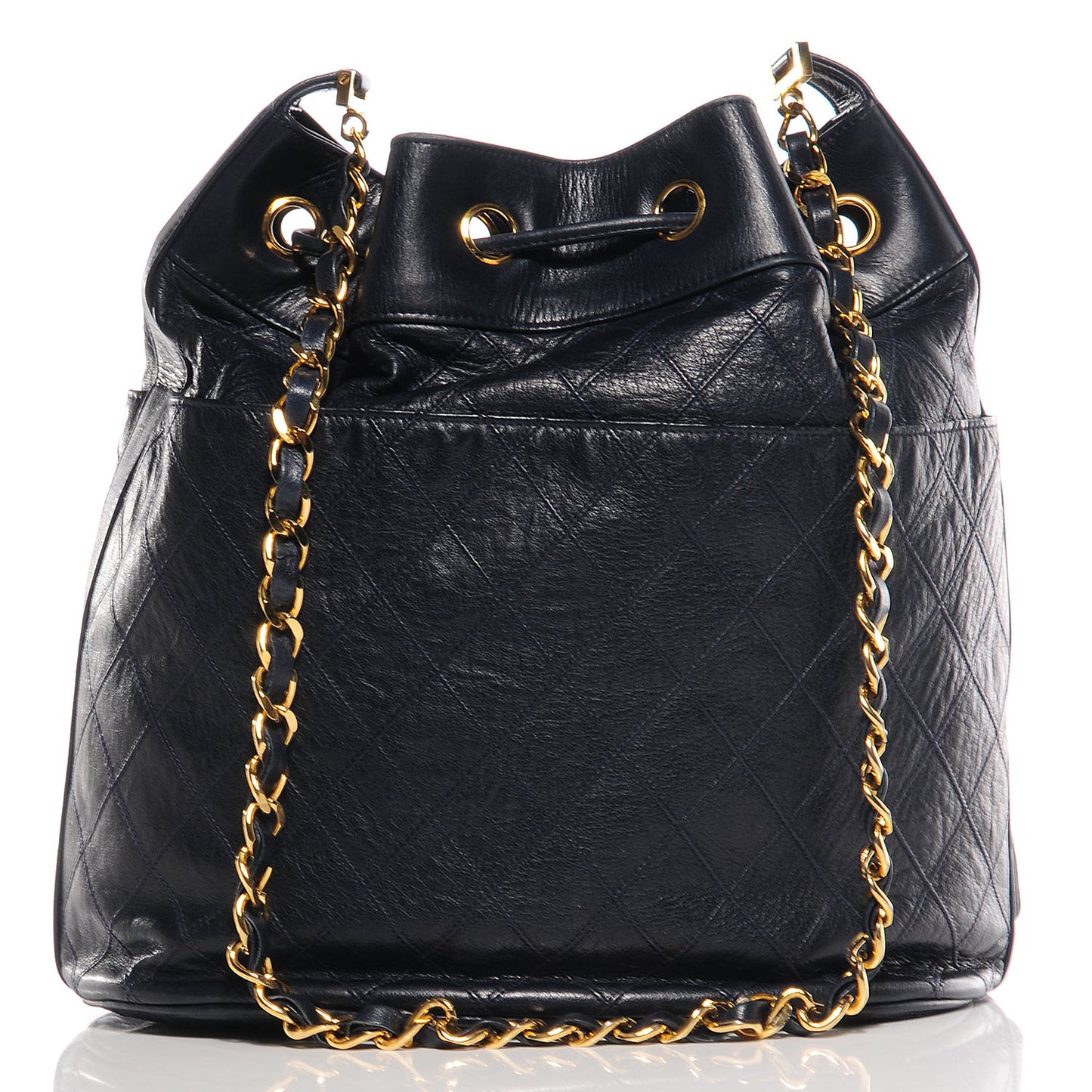 Lambskin Diamond Stitched CC Drawstring Bag Navy Blue